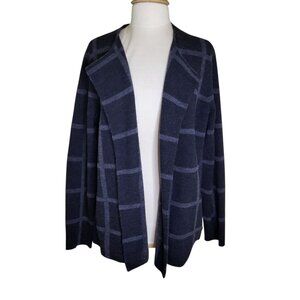 Eileen Fisher Open-Front Wool Sweater Jacket L Charcoal Gray Windowpane Check